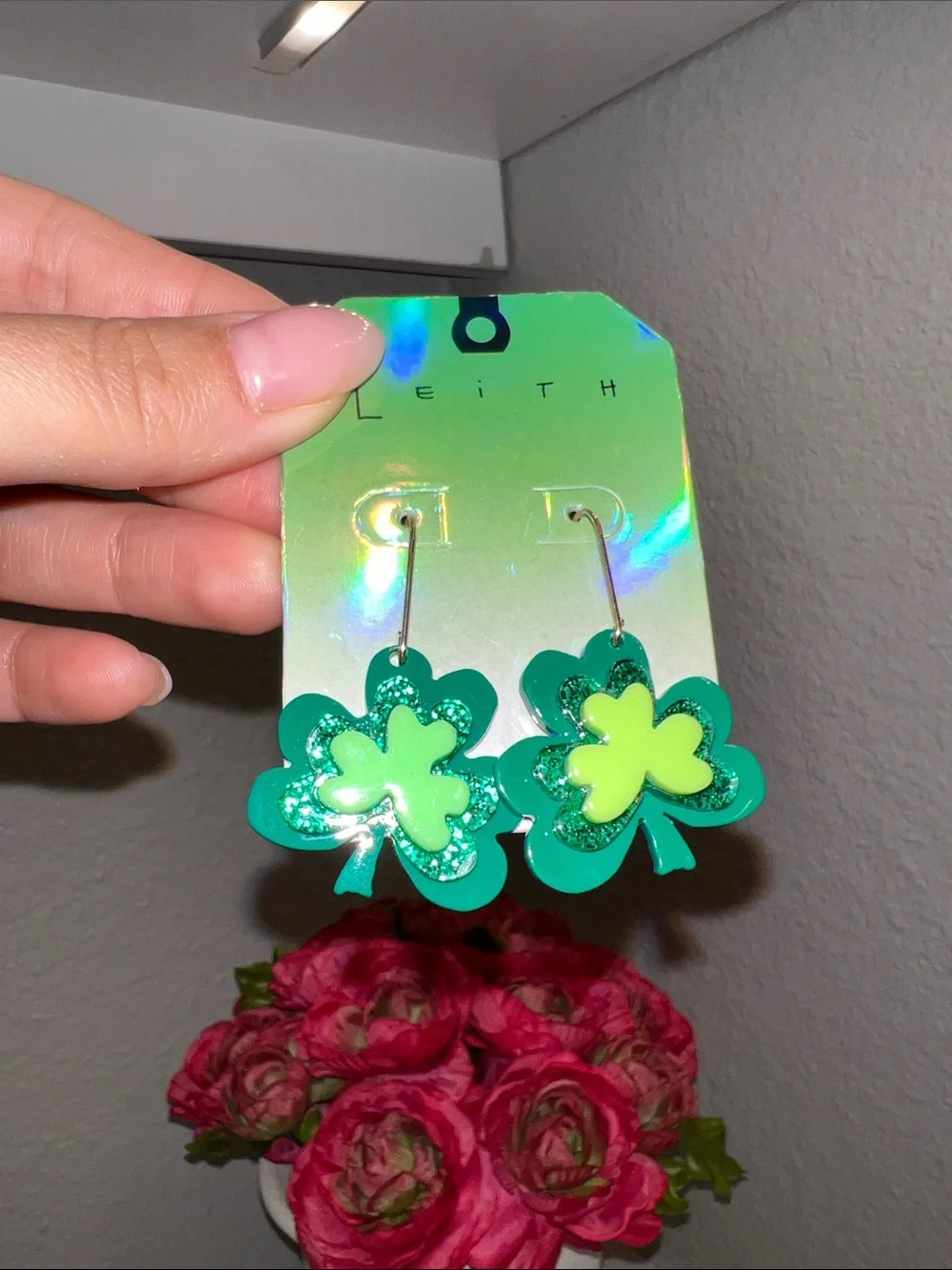 Leith Green Shamrock Dangle Earrings with Glitter Accents